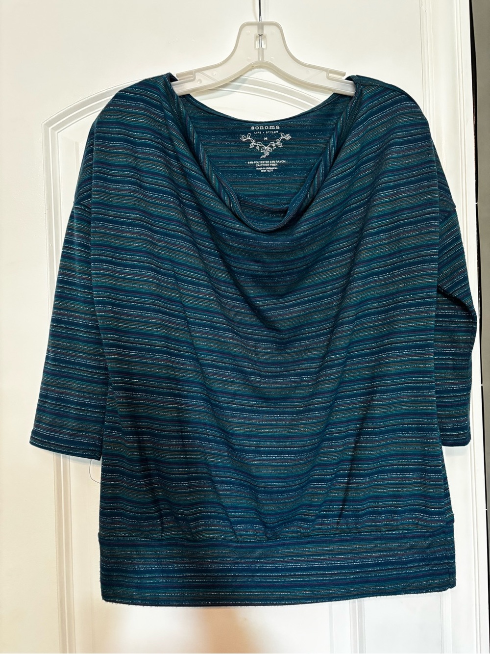 Sonoma Teal & Navy Striped Cowl Neck Sweater Size Medium